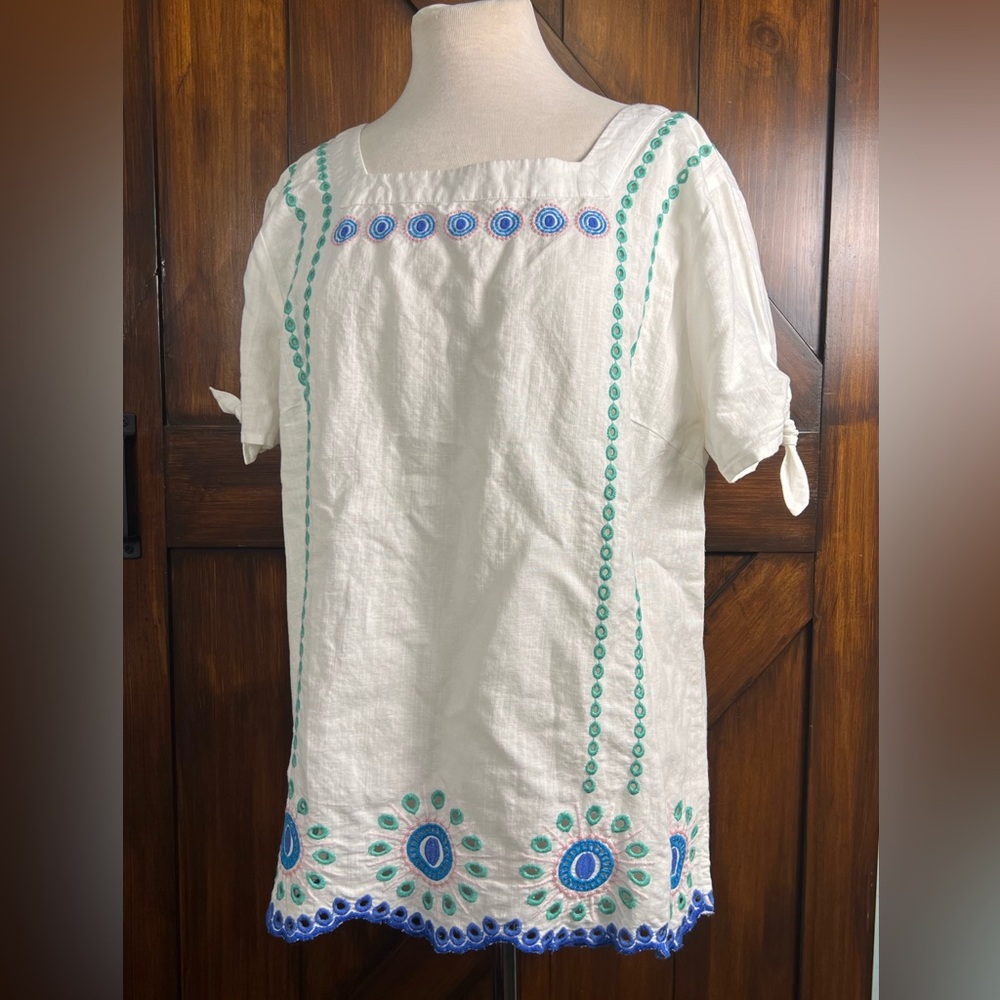 Talbots Embroidered White and Blue Women's Coastal Bohemian Tunic Top Women's XL